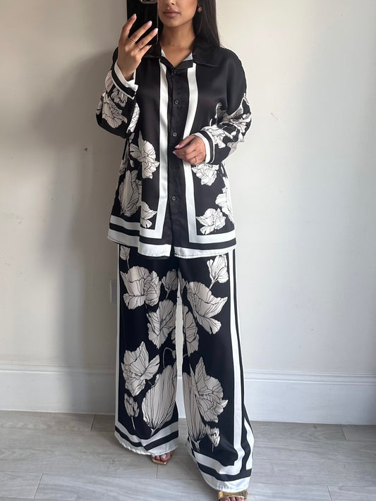 Black White Floral Satin Co-ord Set
