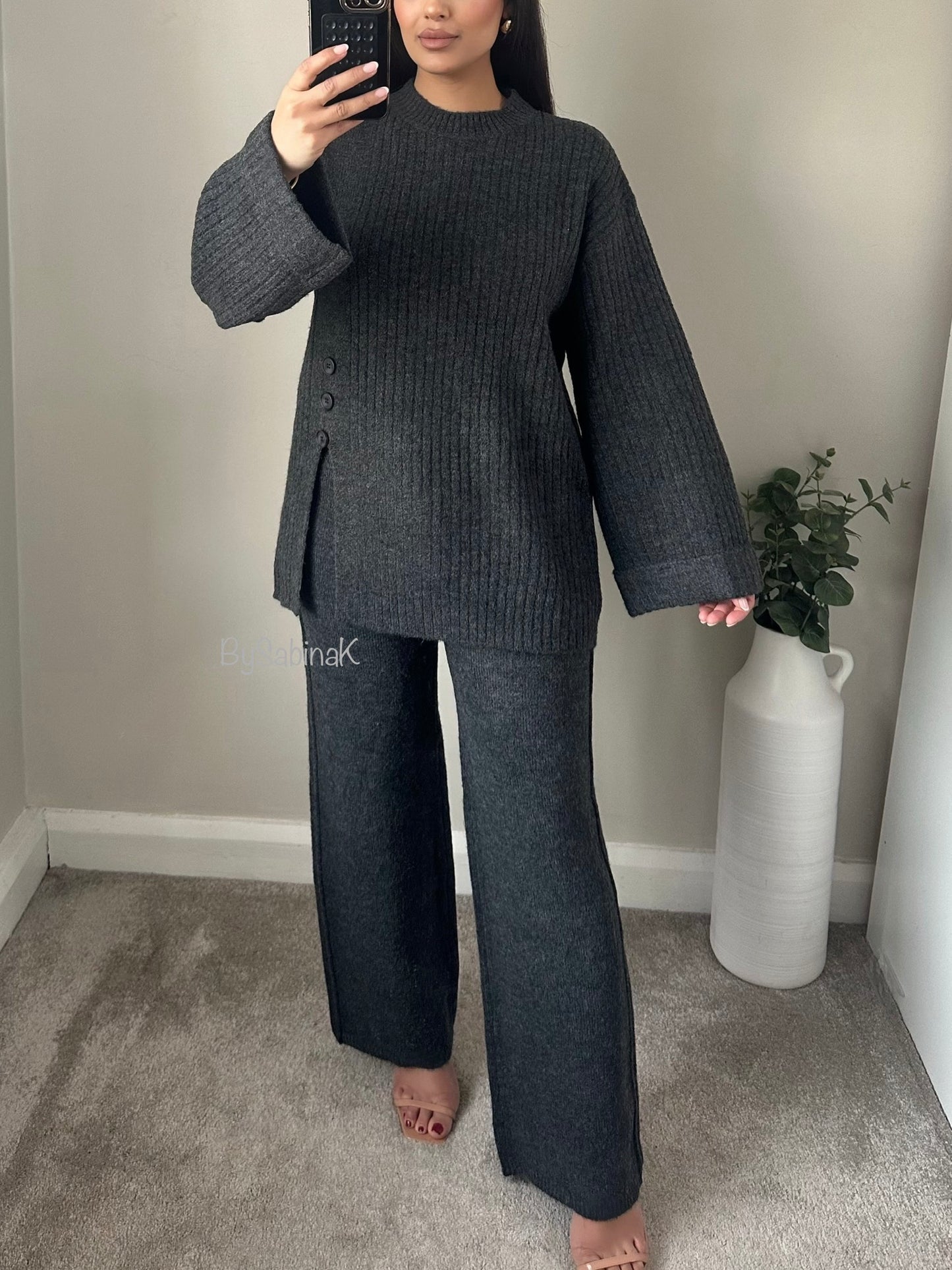 Grey Thick Knit Side Split Co-ord