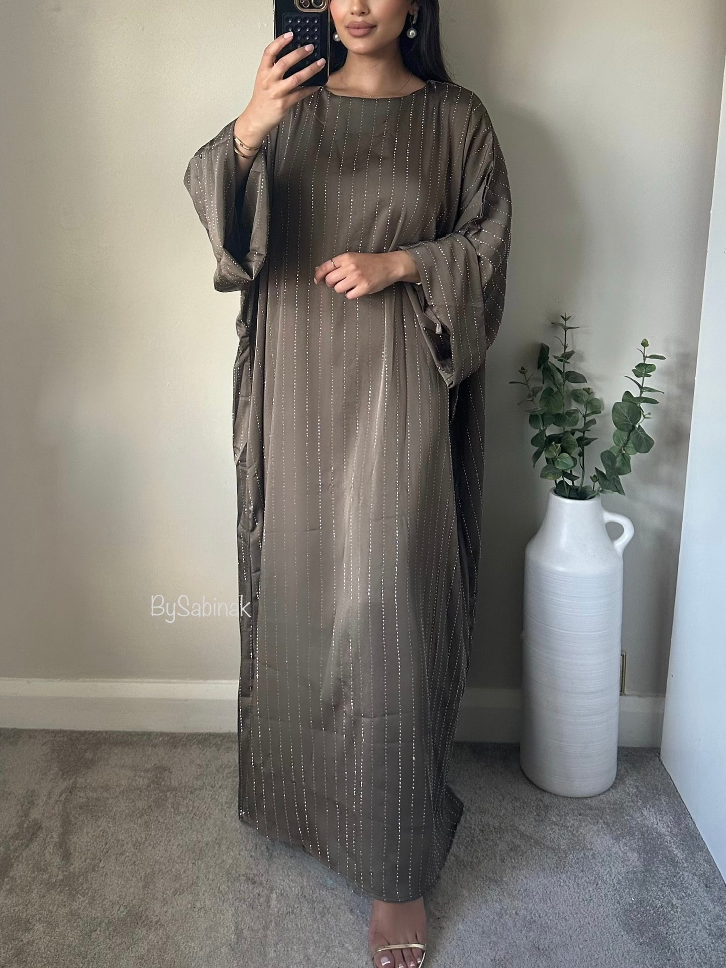 Taupe Satin Diamonte Details Kaftan Abaya