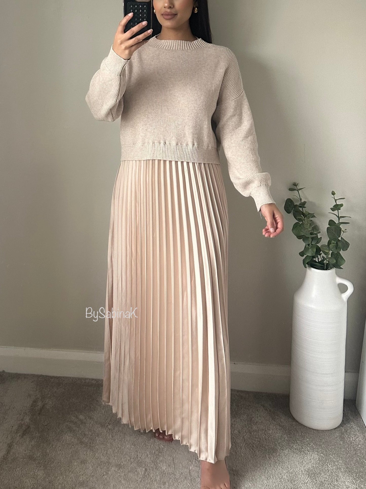 Ivory Jumper Satin Pleated Dress