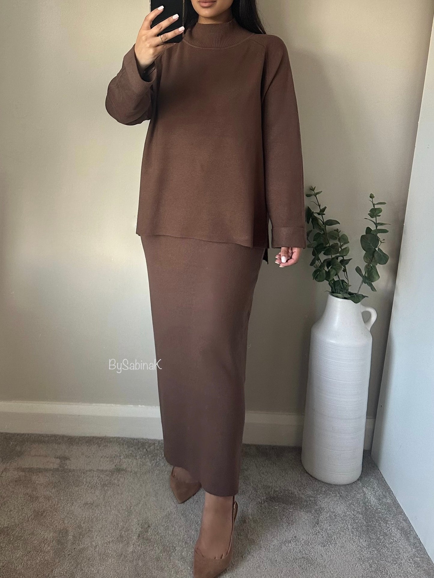 Brown Knit Cosy Skirt Jumper Set Co-ord