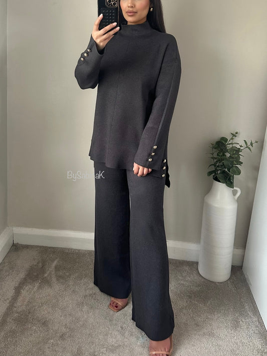 Dark Grey Knit High Neck Gold Button Co-ord