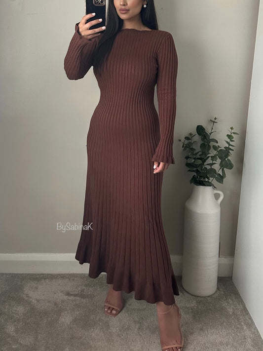 Brown Knit Ruffle Hem Maxi Dress