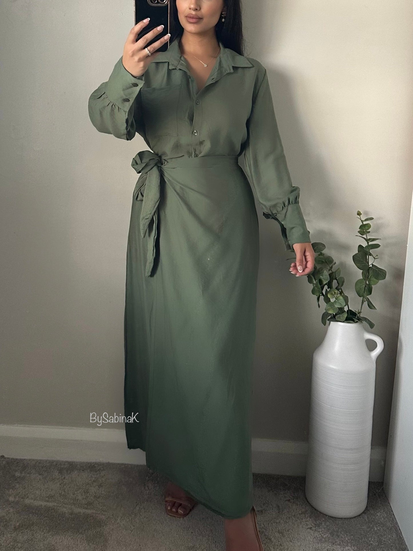 Khaki Green Button Shirt Wrap Skirt Co-ord