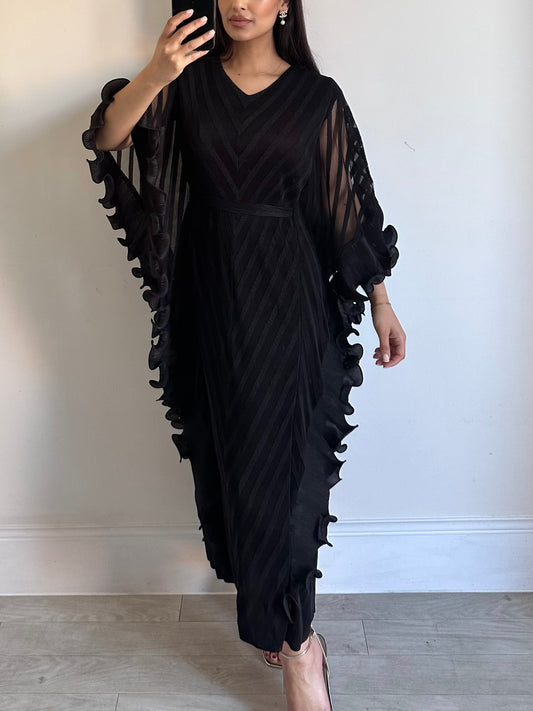 Black Ruffle Belted Pleated Kaftan Dress