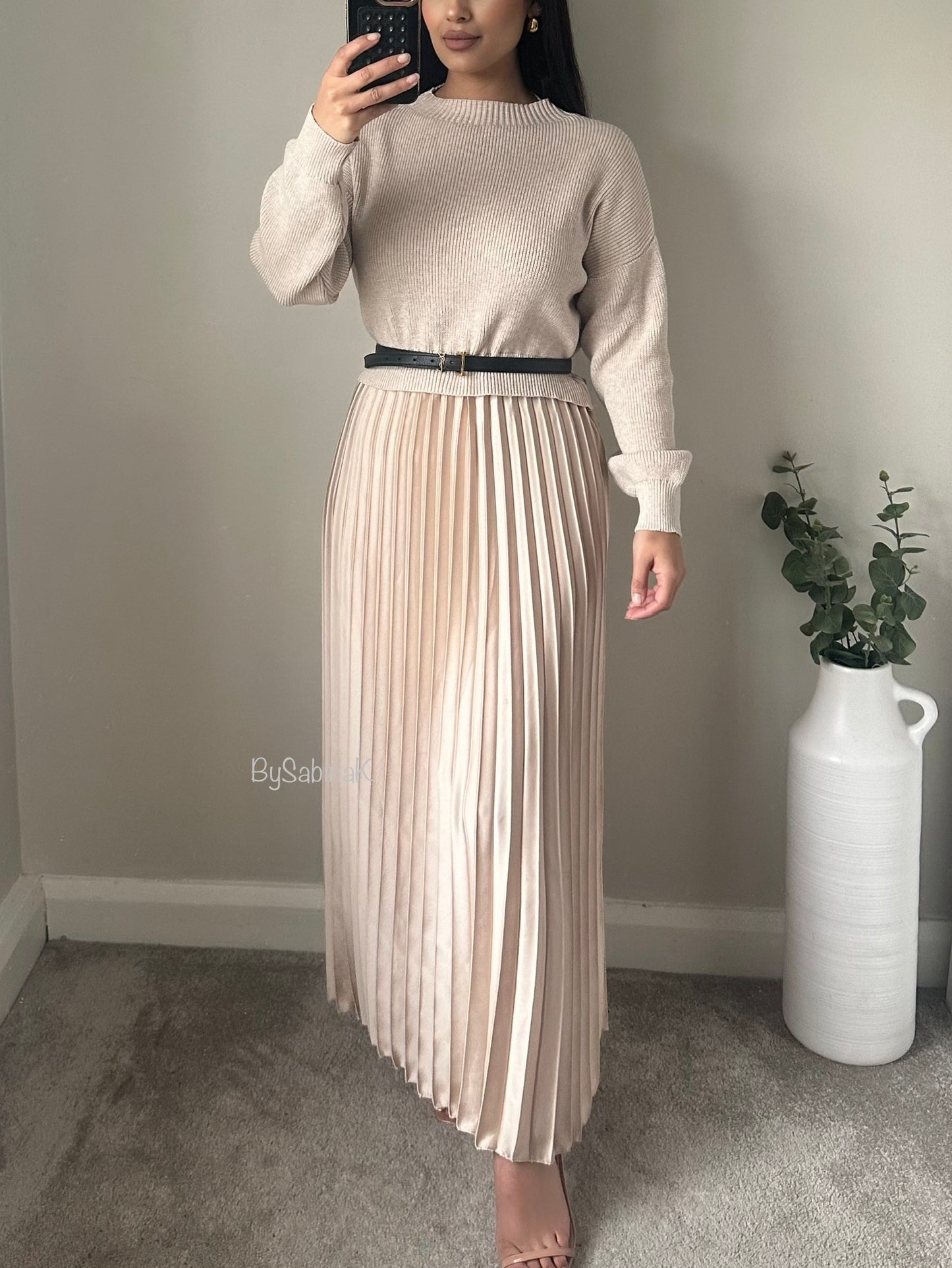 Ivory Jumper Satin Pleated Dress