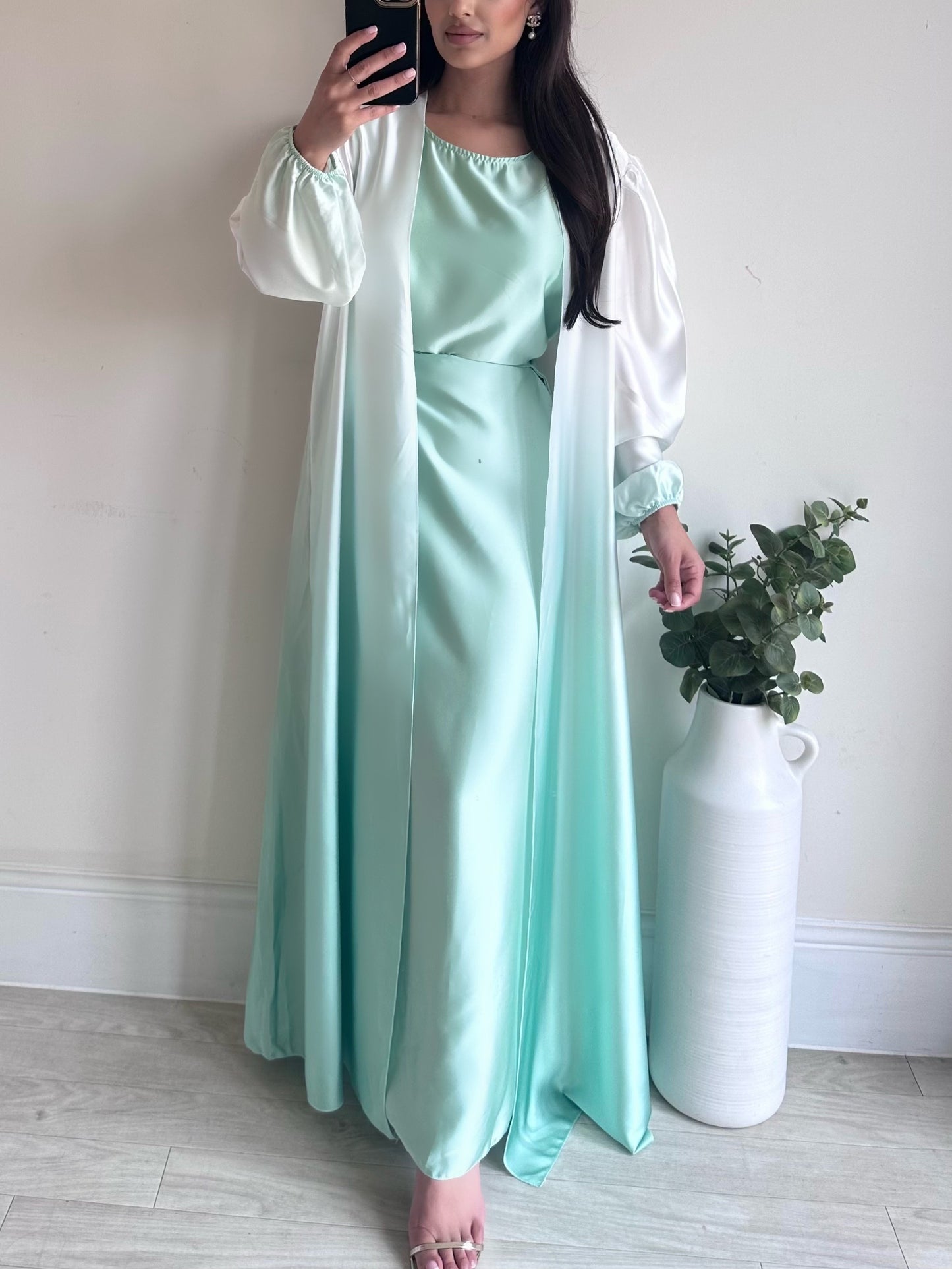 Aqua Blue Satin Ombré Abaya Set