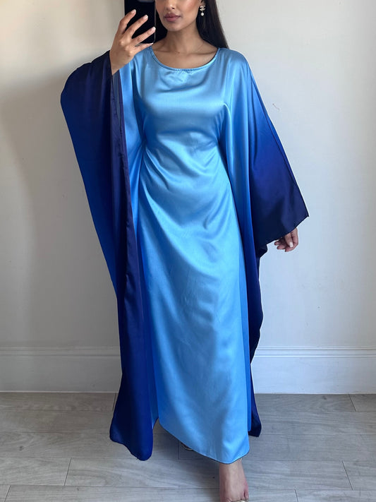 Navy Blue Tones Butterfly Ombré Satin Kaftan