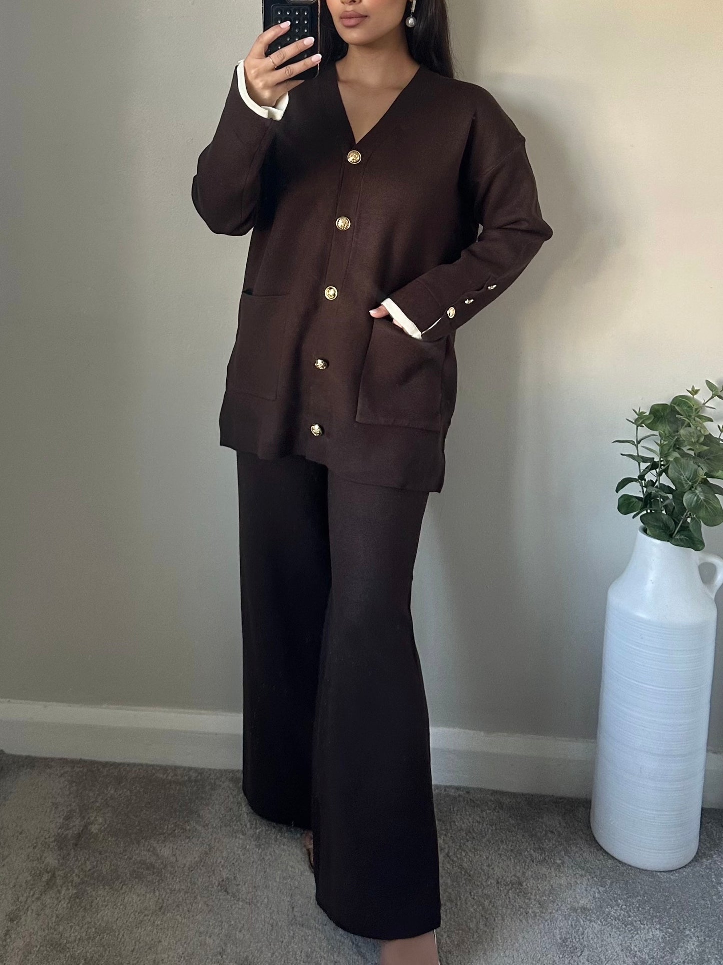 Brown Gold Button Longline Cardigan Co-ord