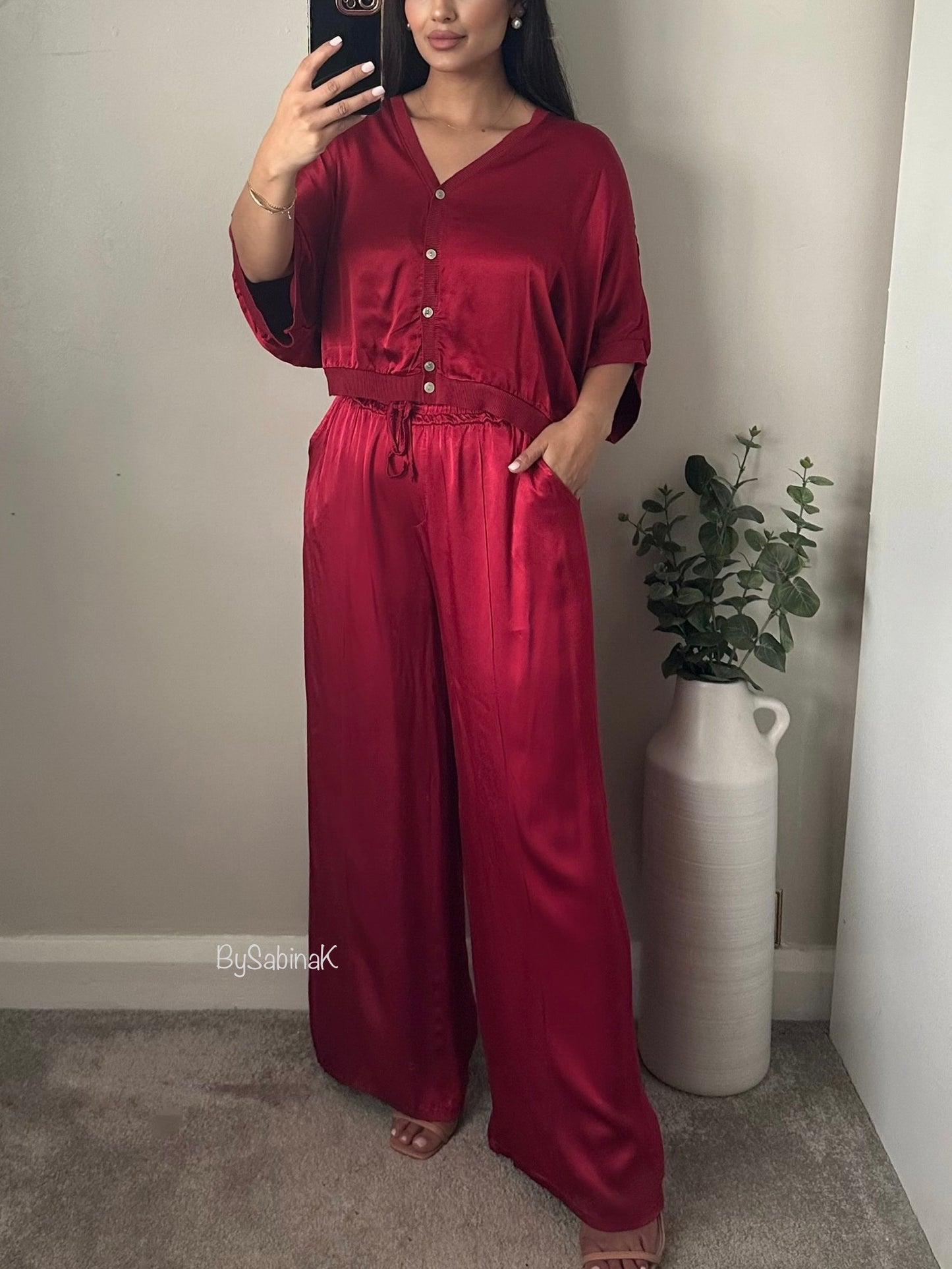 Wine Red Satin Cropped Co-ord