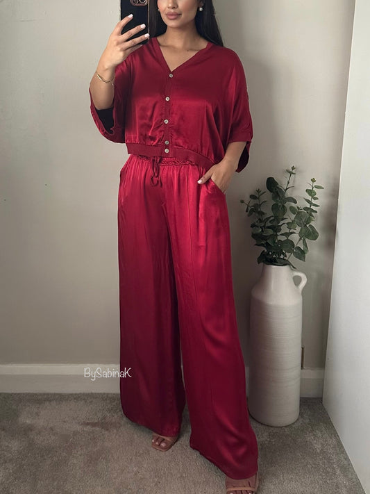 Wine Red Satin Cropped Co-ord