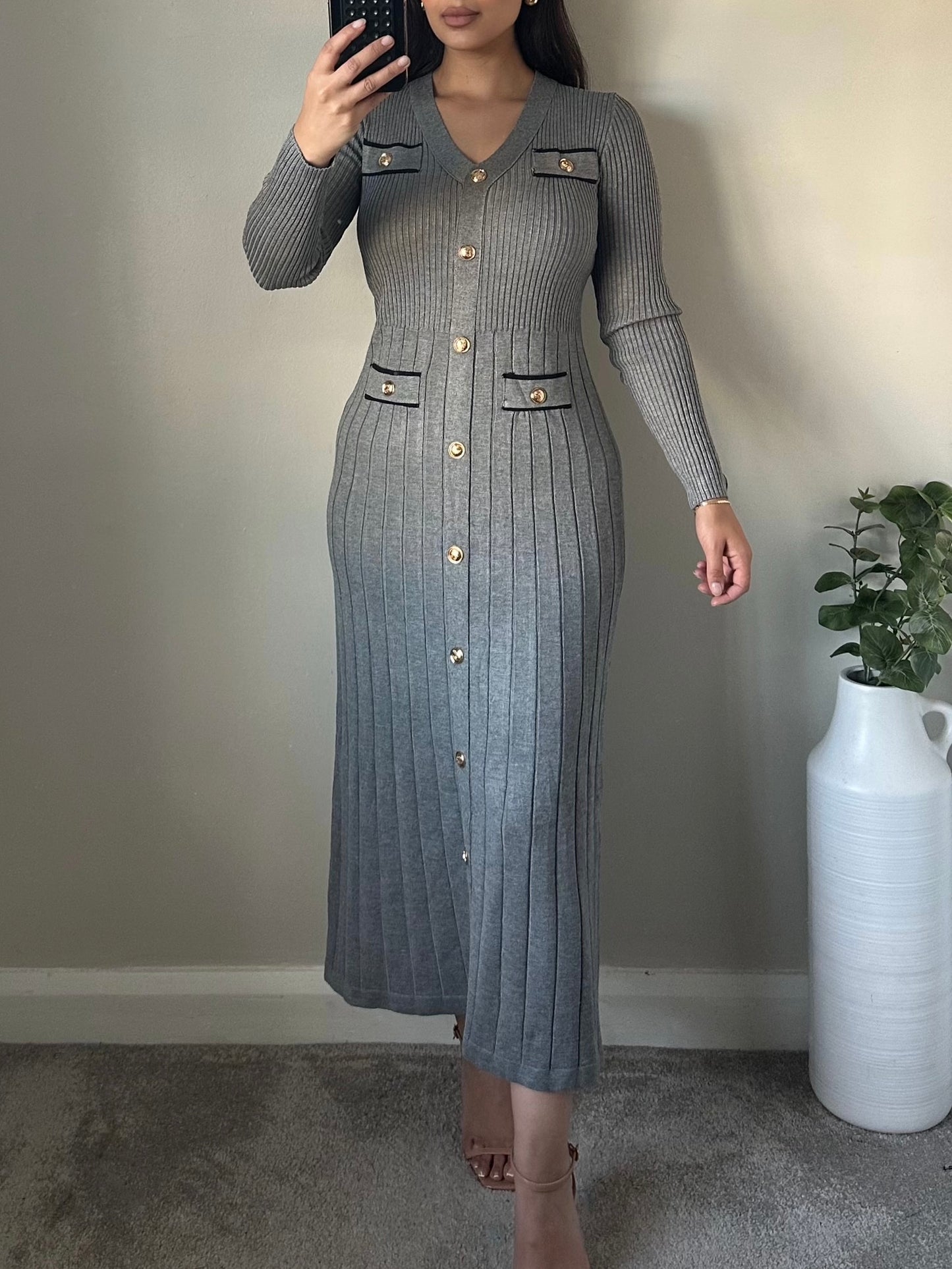 Grey & Black Gold Button Knit Dress