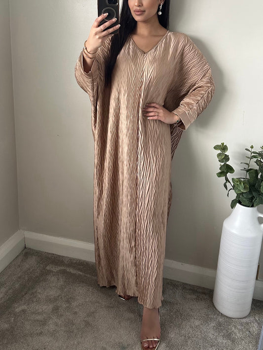 Nude Satin Pleated Batwing Dress 015