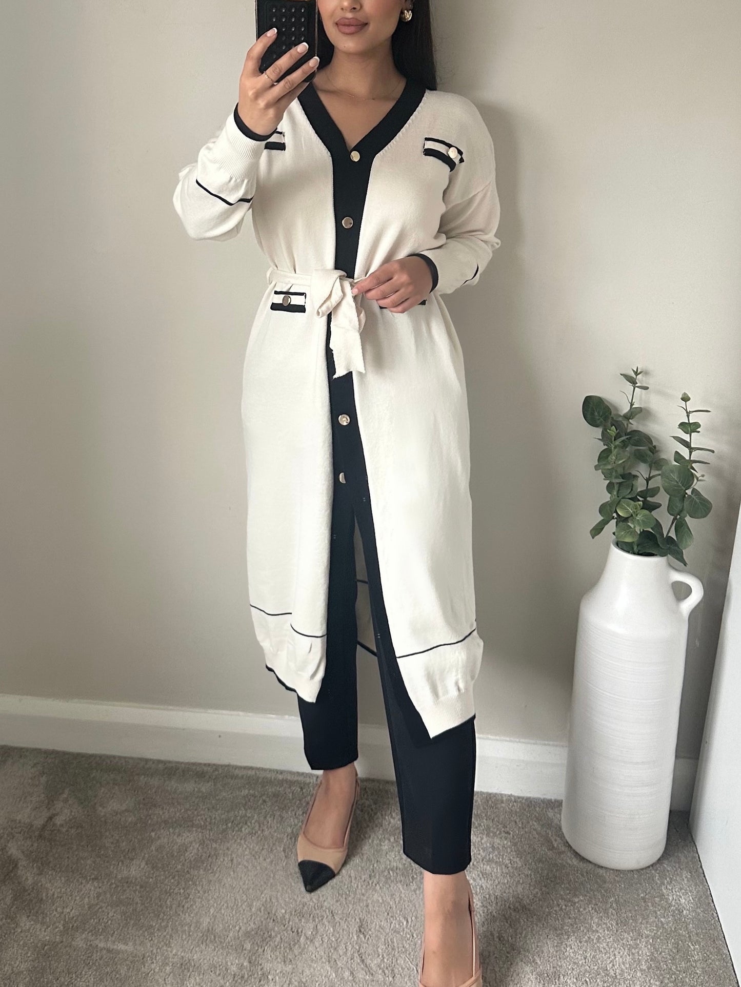 White Black Gold Button Long Belted Cardigan