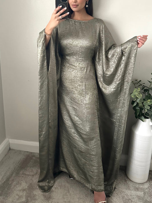 Khaki Green Shimmer kaftan Dress 081