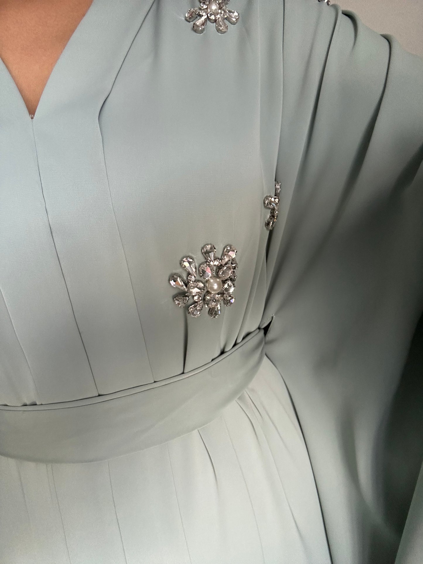 Aqua Embellished Rhinestone Belted Kaftan Abaya