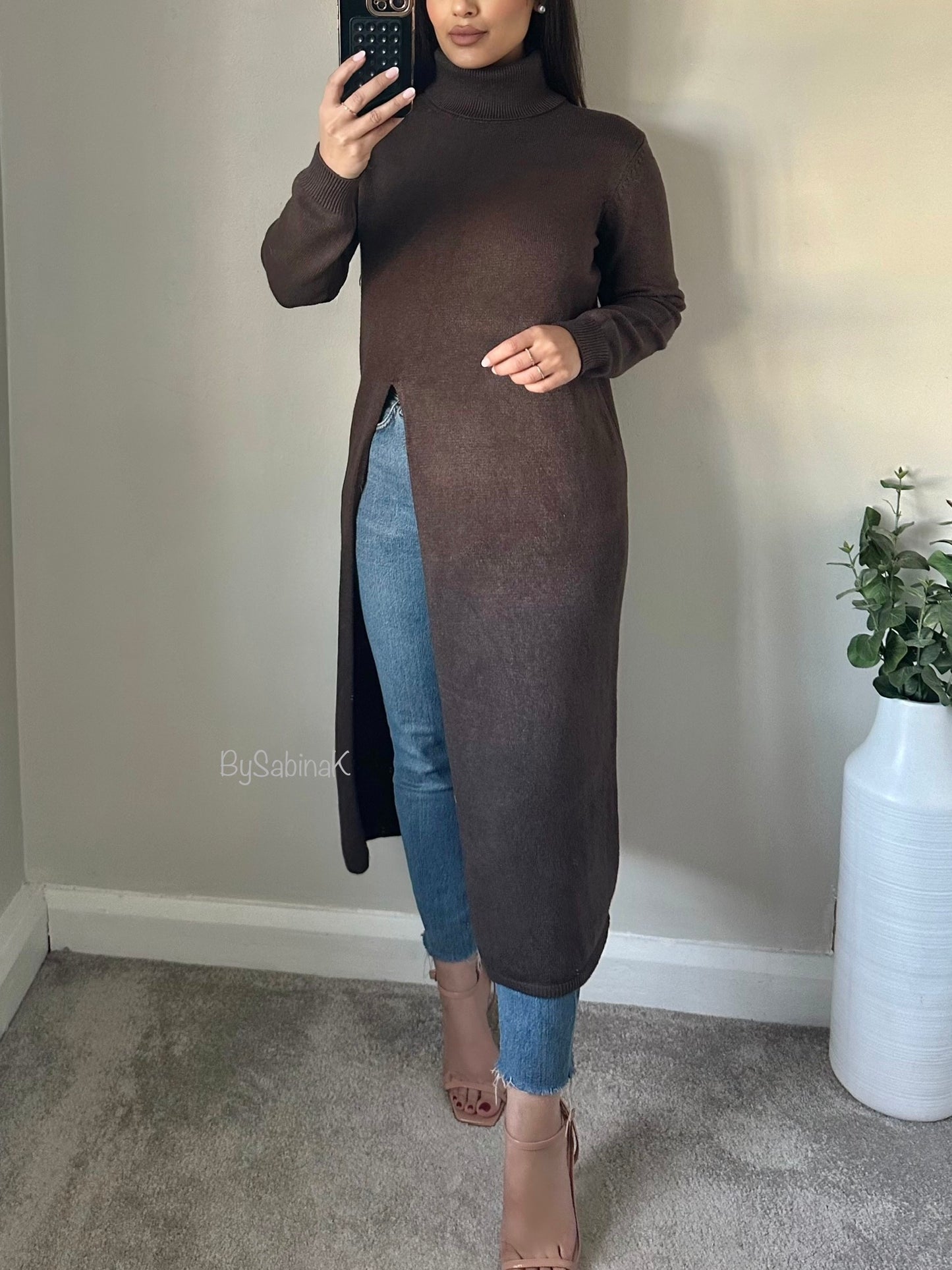 Brown Split Long Jumper Dress