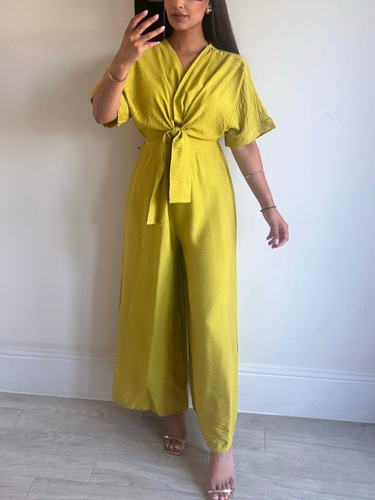 Lime Green Linen Look Wrap Jumpsuit
