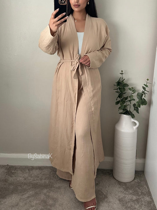 Beige Cotton Kimono Trousers Set Co-ord