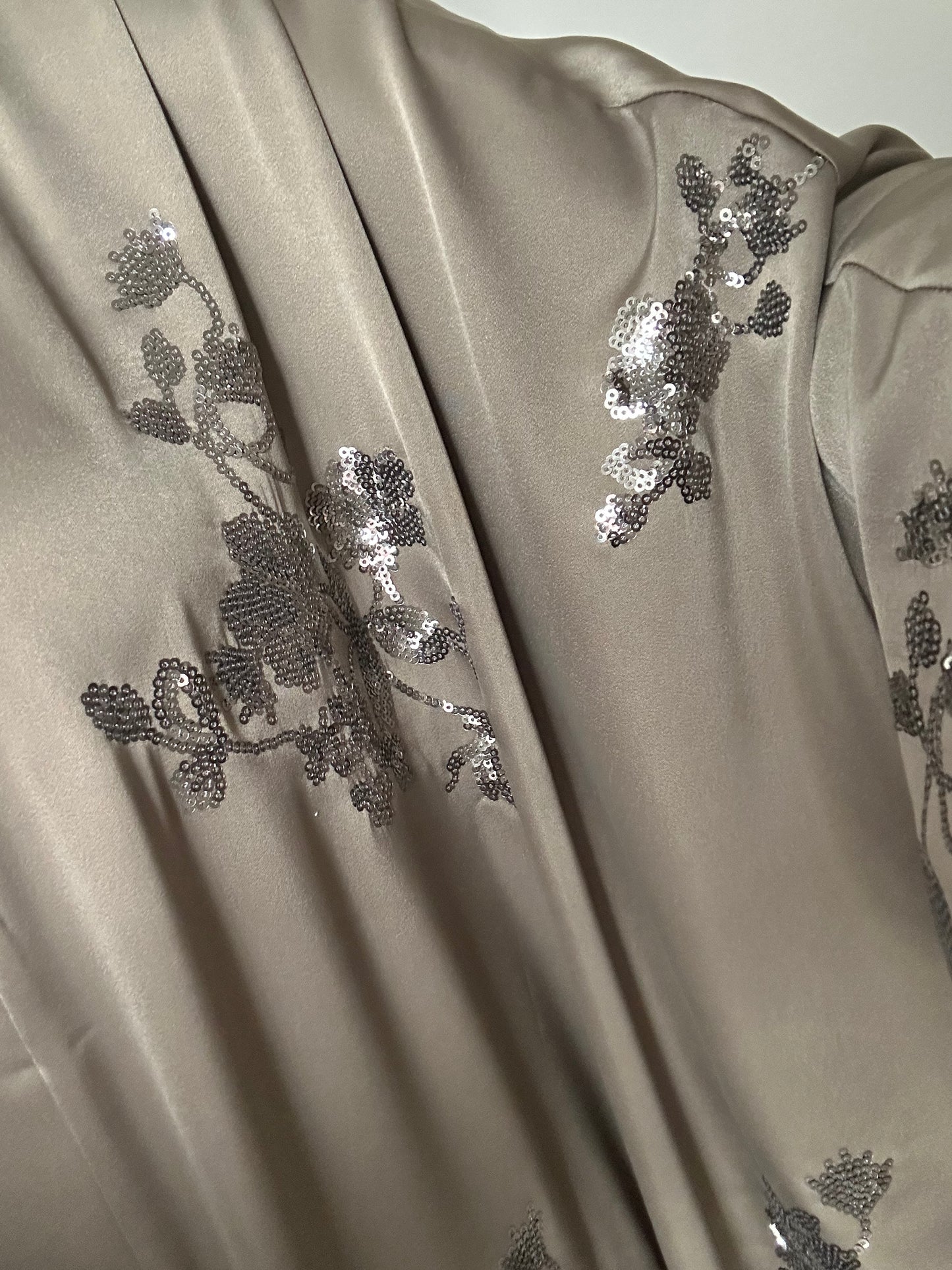 Taupe Satin Floral Sequin Details Kaftan Abaya