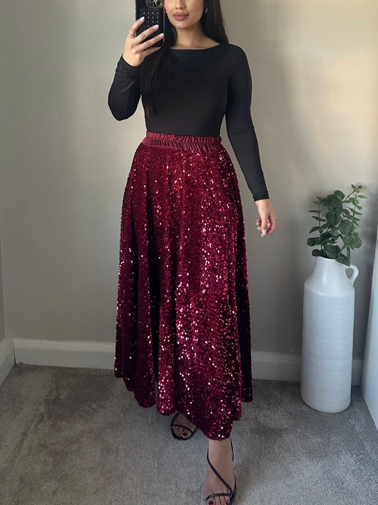 Wine Red Sequin Velvet Full Maxi Skirt