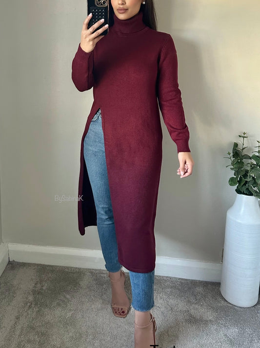 Burgundy Split Long Jumper Dress