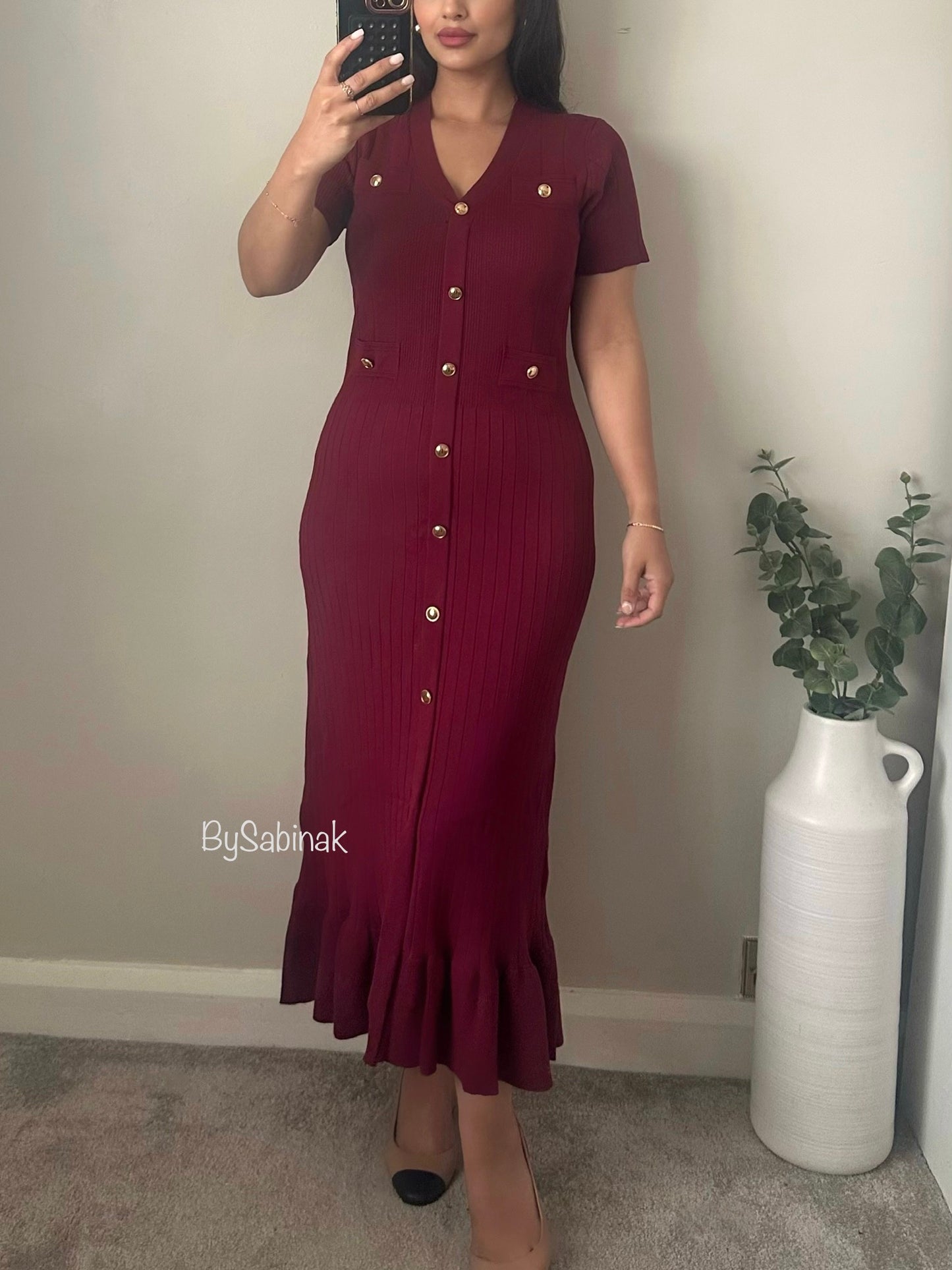 Burgandy Gold Button Knit Dress