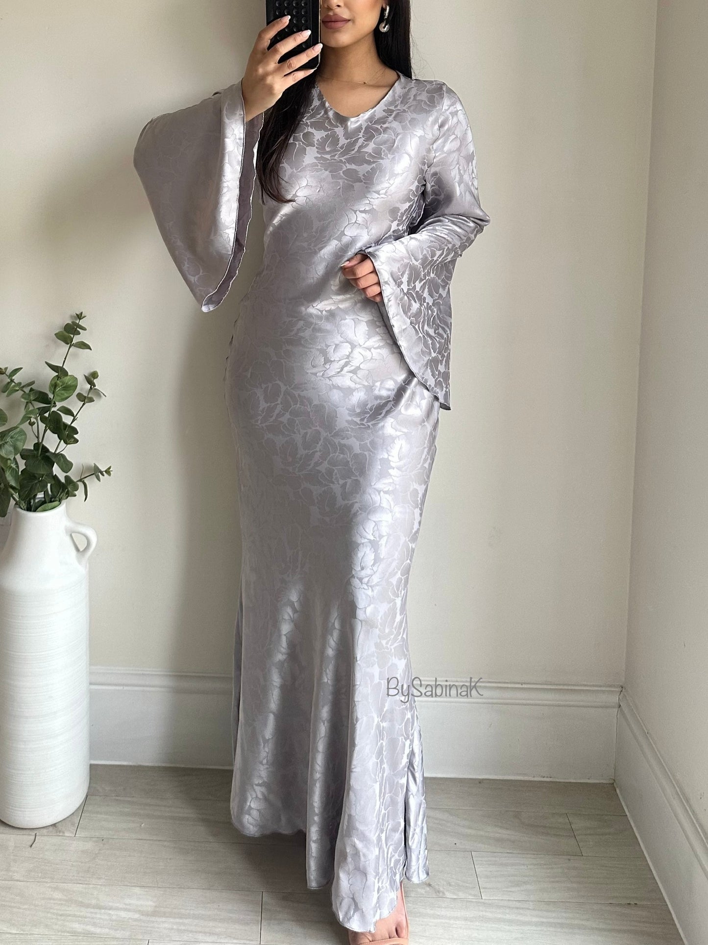 Grey Silver Floral Satin Flared Sleeve Dress