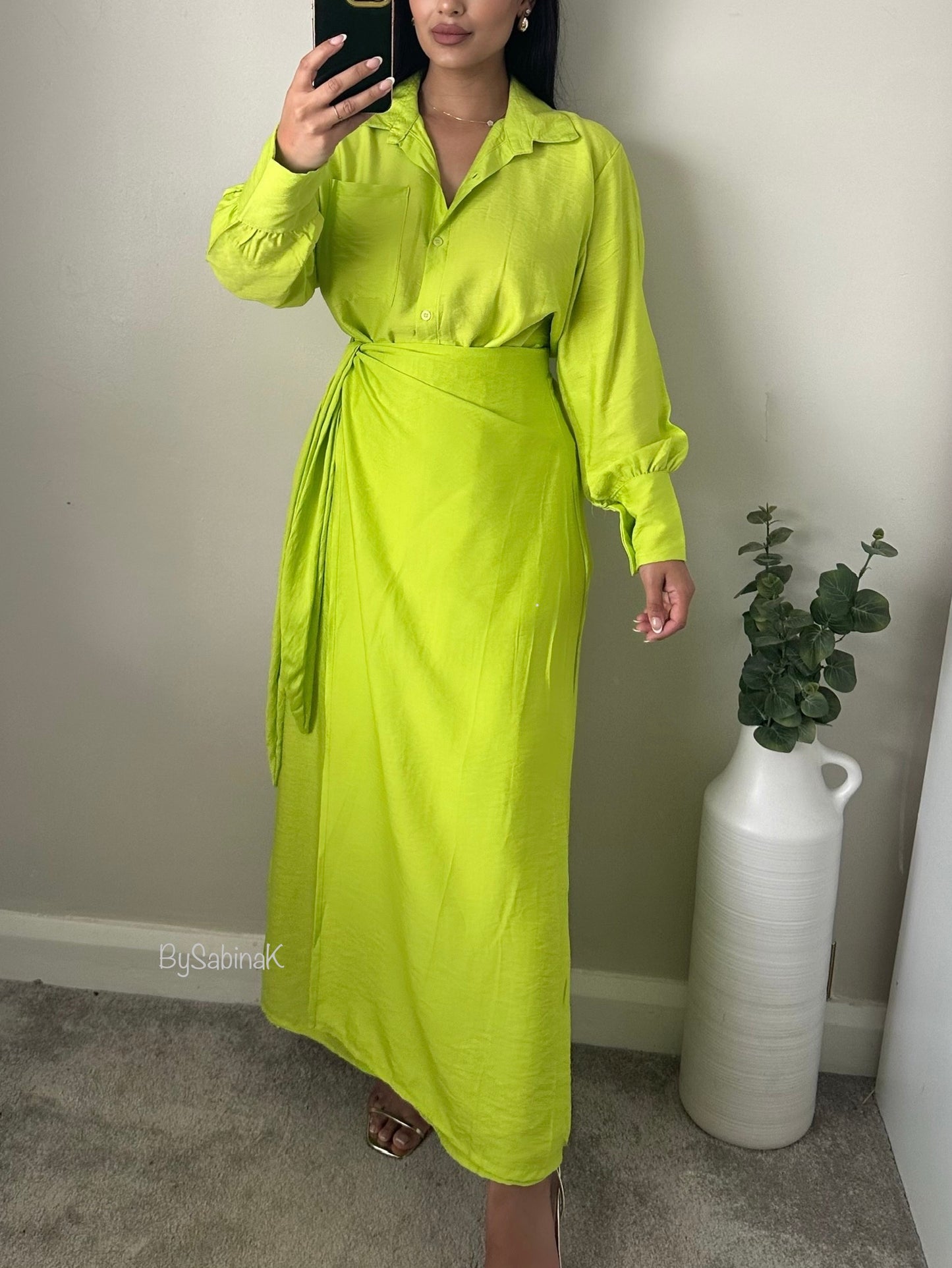 Lime Green Button Shirt Wrap Skirt Co-ord