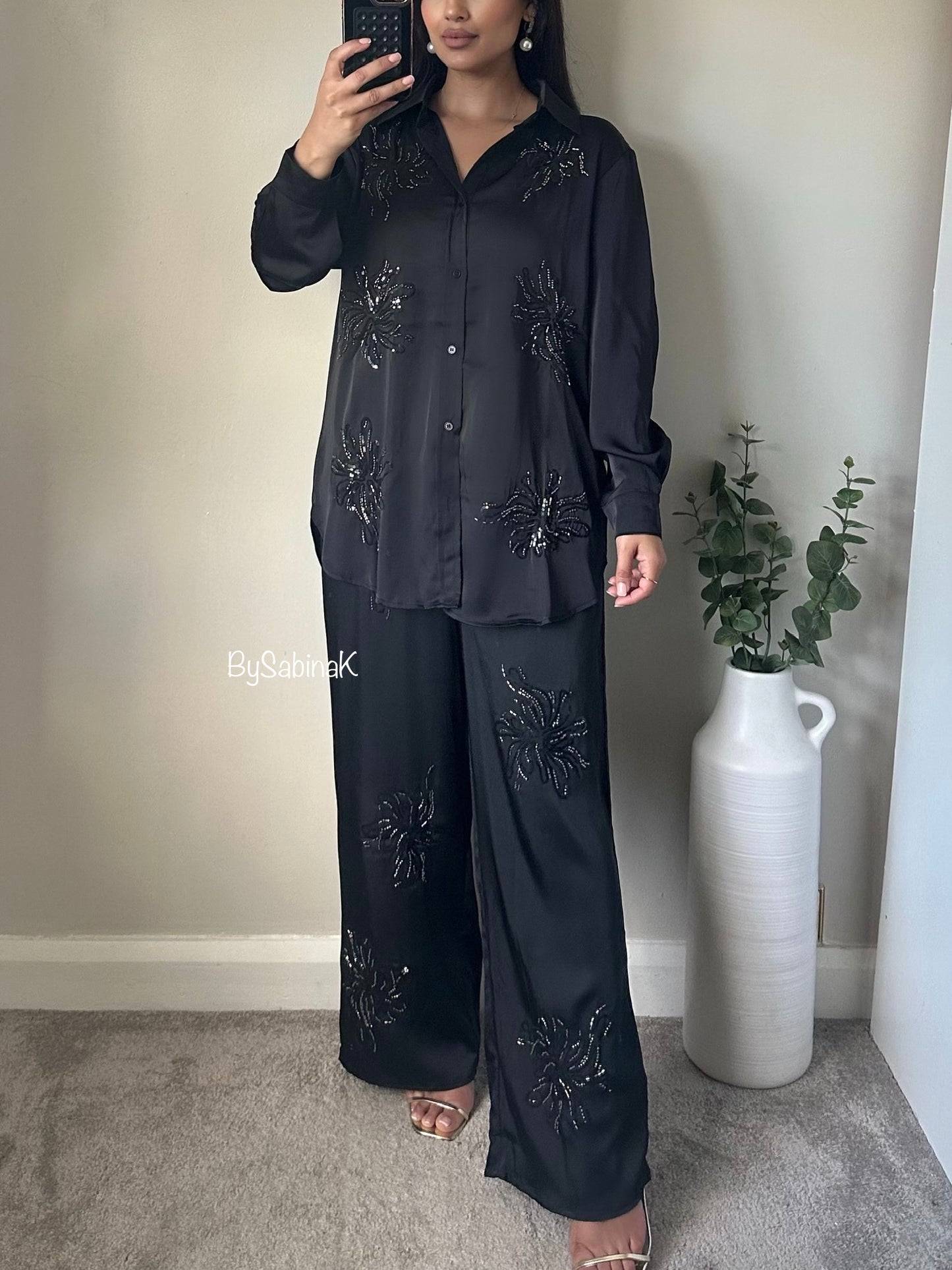 Black Sequin Embellished Satin Co-ord (Premium Quality)