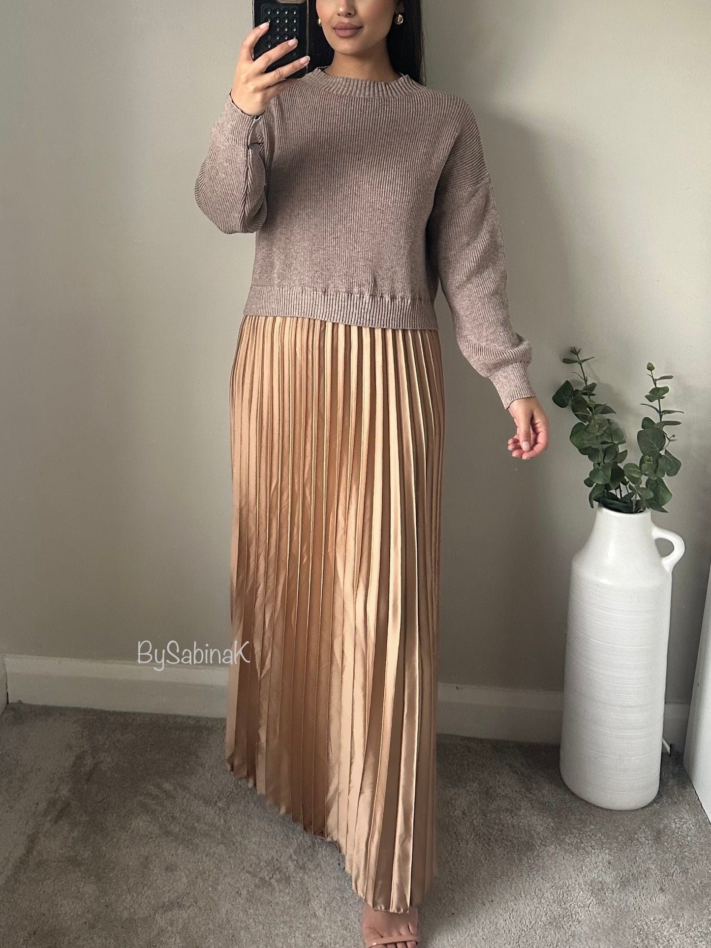 Gold Jumper Satin Pleated Dress