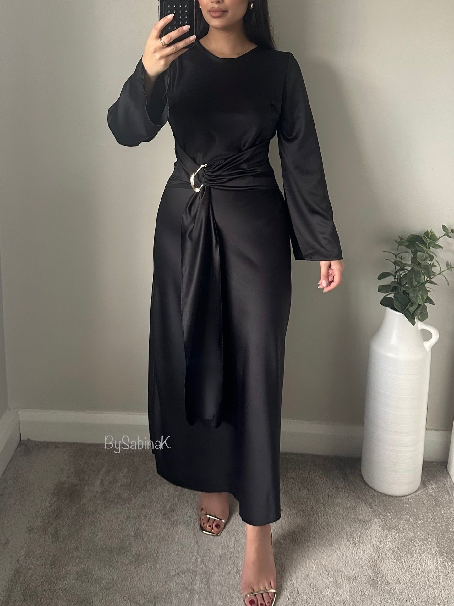 Black Satin Gold Belt Flared Sleeve Dress