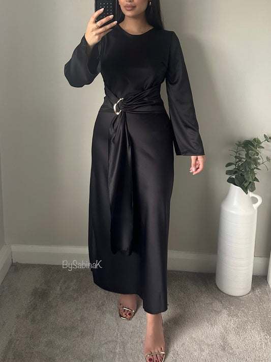 Black Satin Gold Belt Flared Sleeve Dress