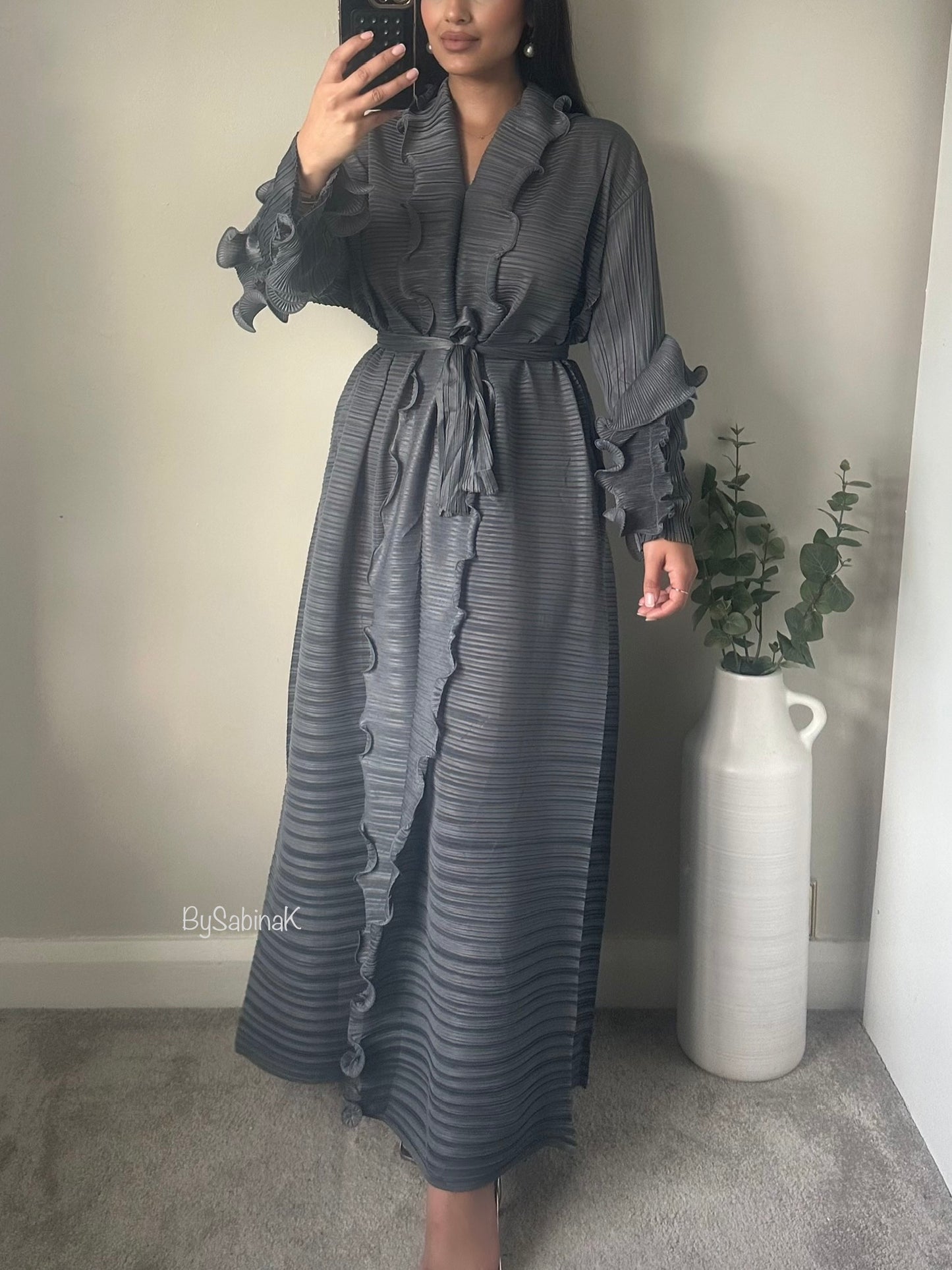 Grey Ruffle Abaya Dress. 837