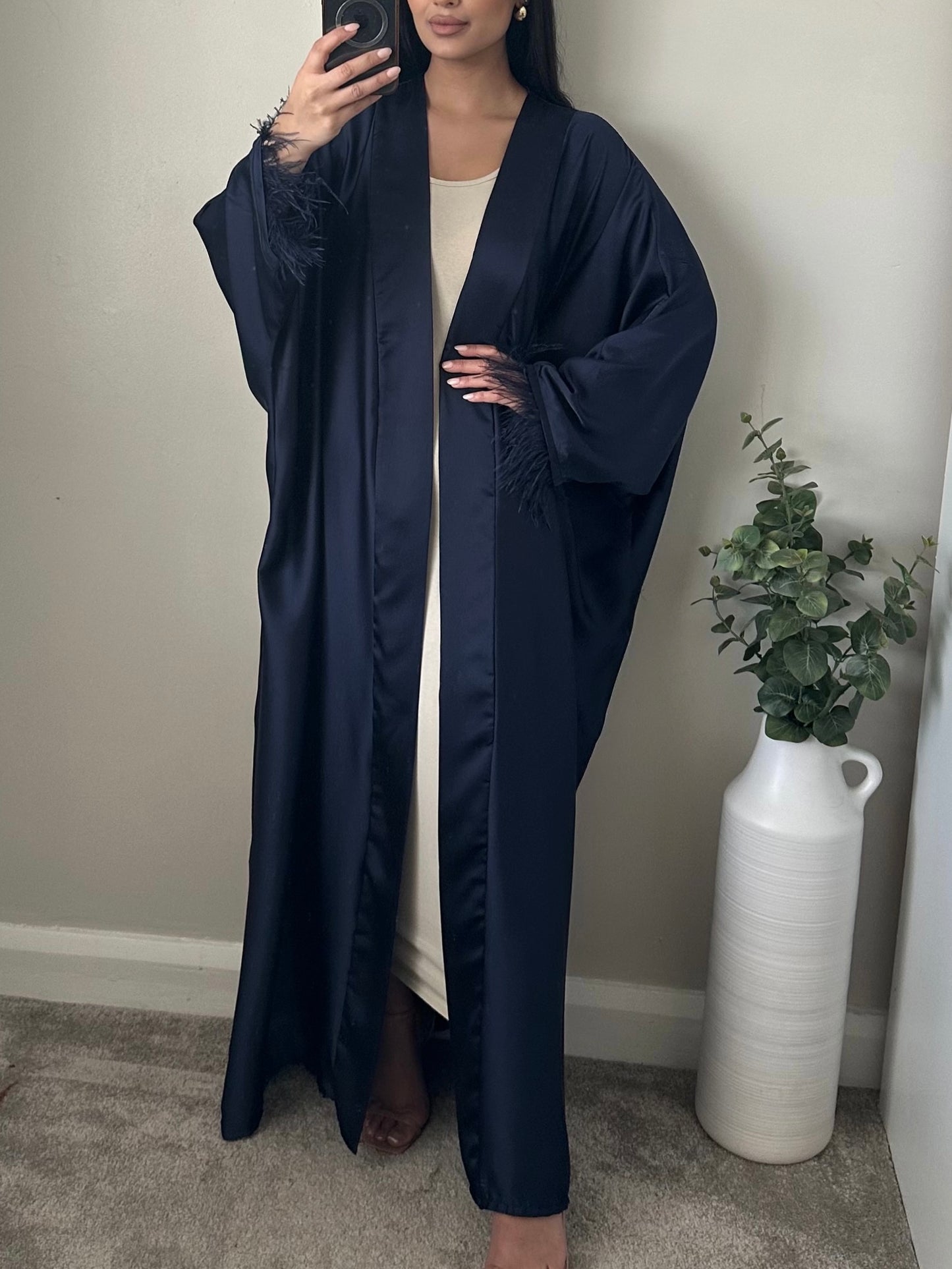 Navy Blue Open Feather Trim Abaya 006