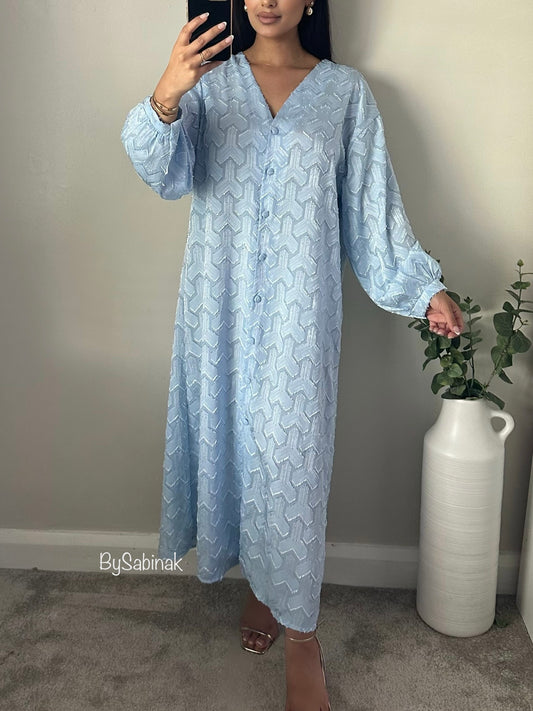 Baby Blue Self Print Buttoned Dress