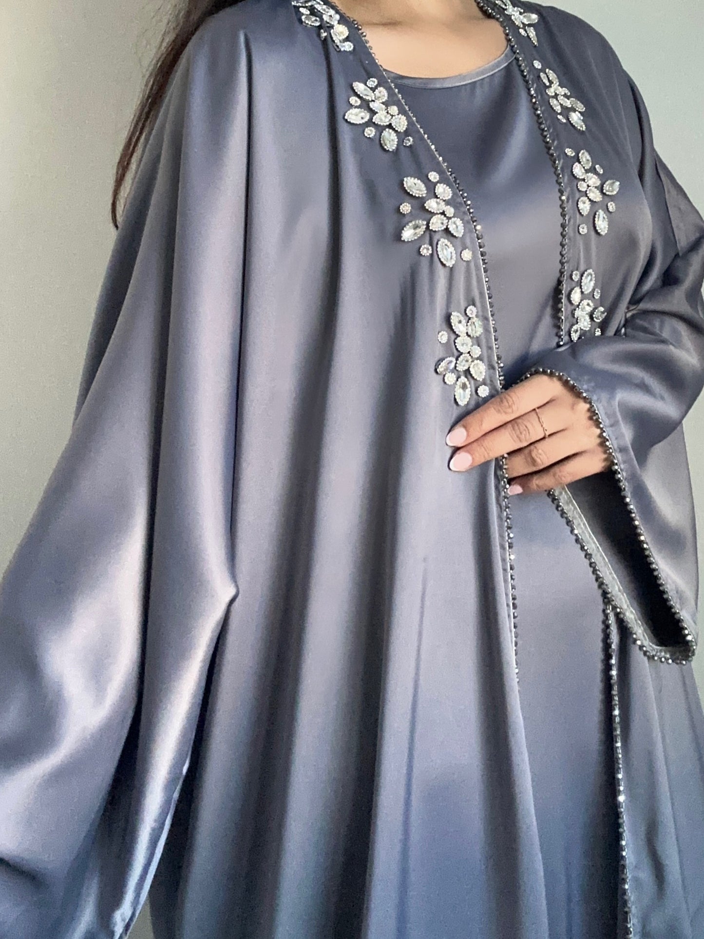 Grey Satin Rhinestone Beaded Abaya Set