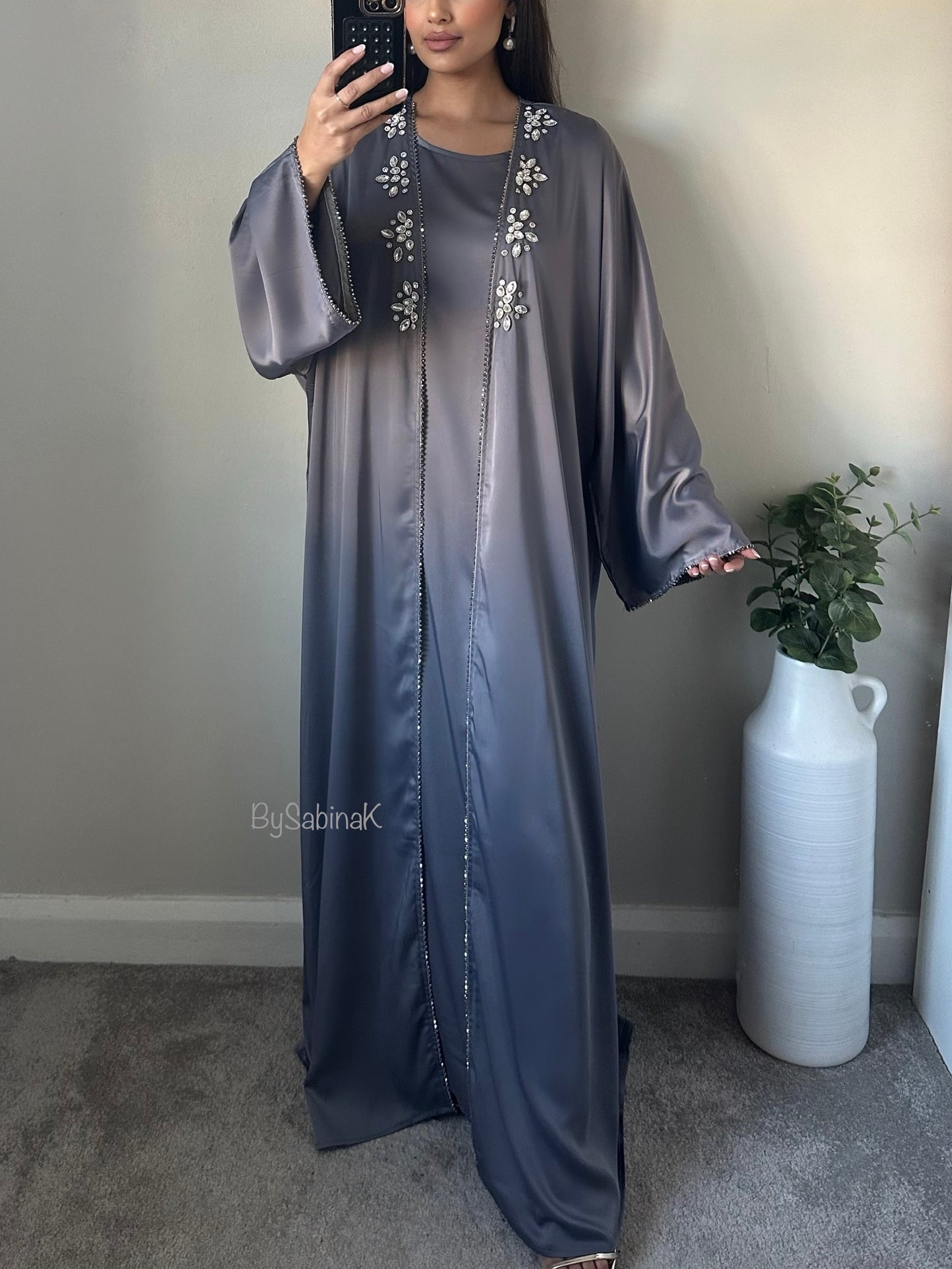 Grey Satin Rhinestone Beaded Abaya Set