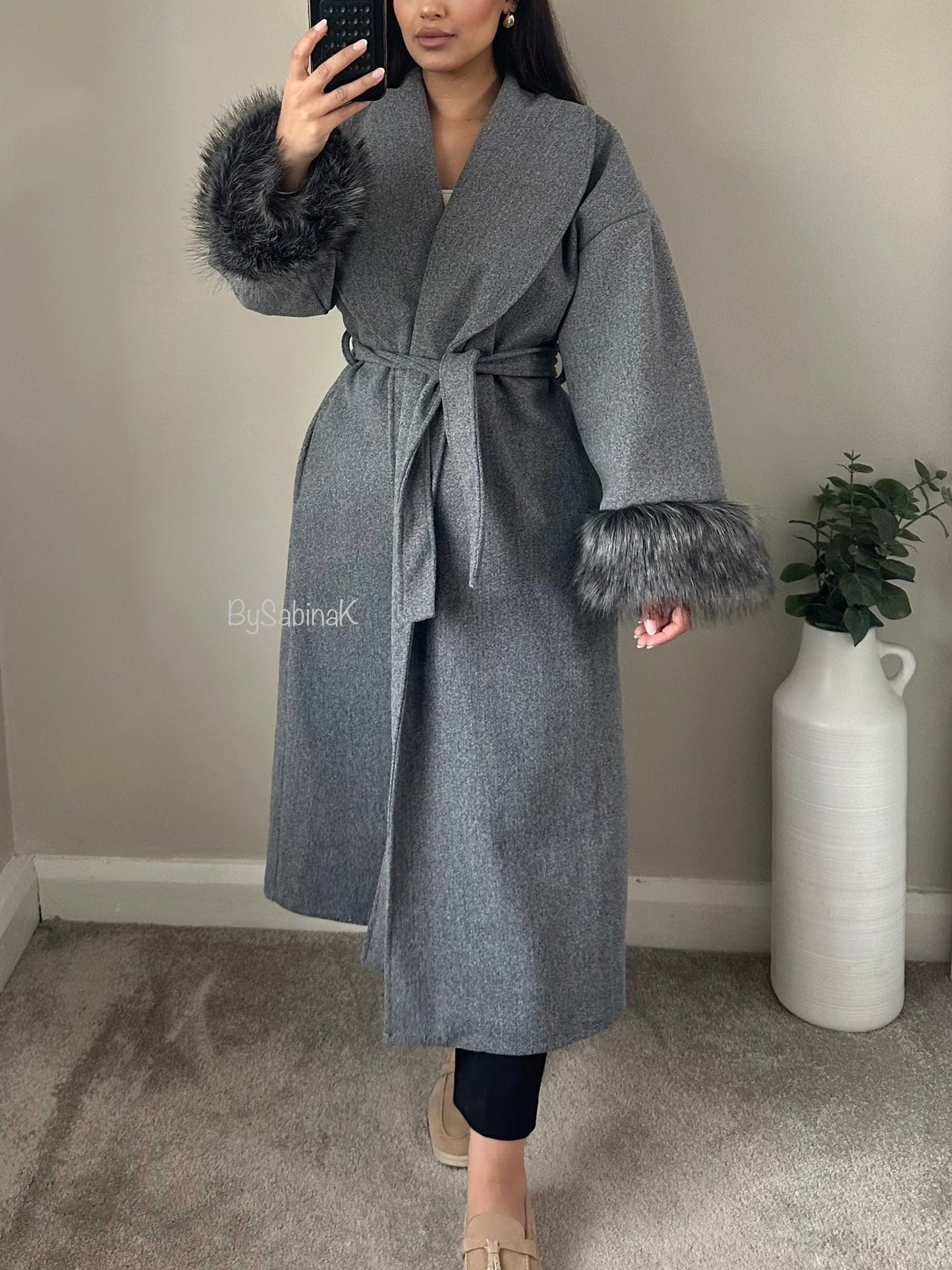 Grey Faux Fur Sleeve Long Wrap Coat