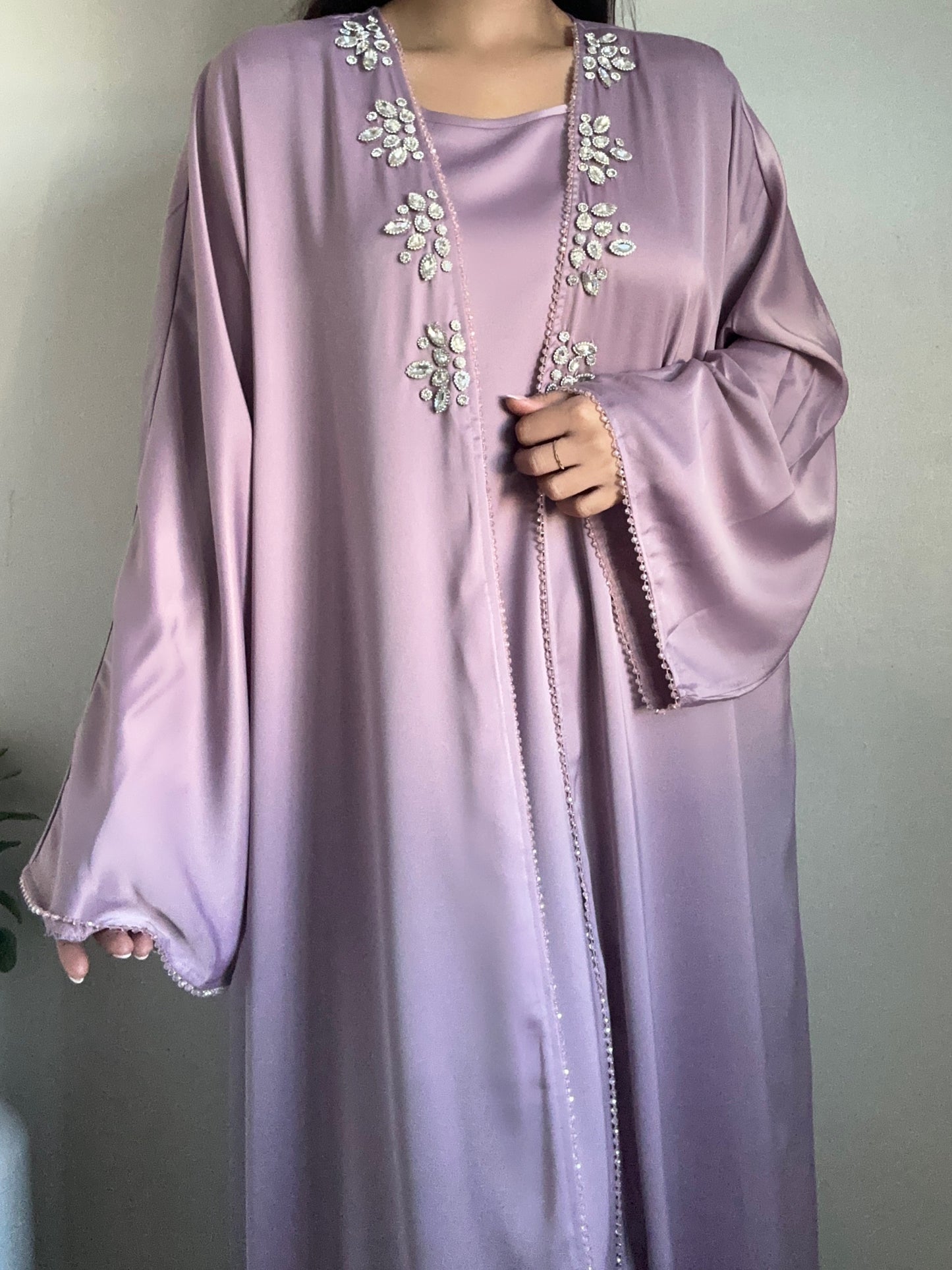 Lilac Satin Rhinestone Beaded Abaya Set