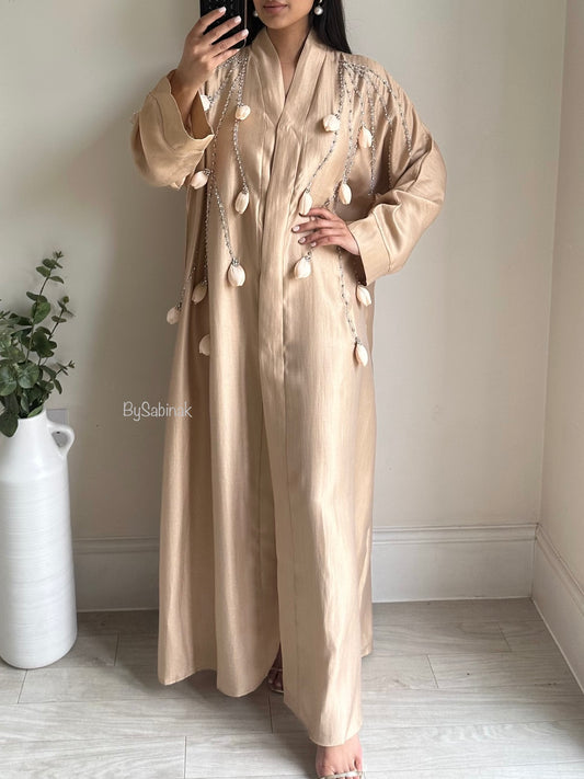 Beige Rose Drop Embellished Buttoned Abaya