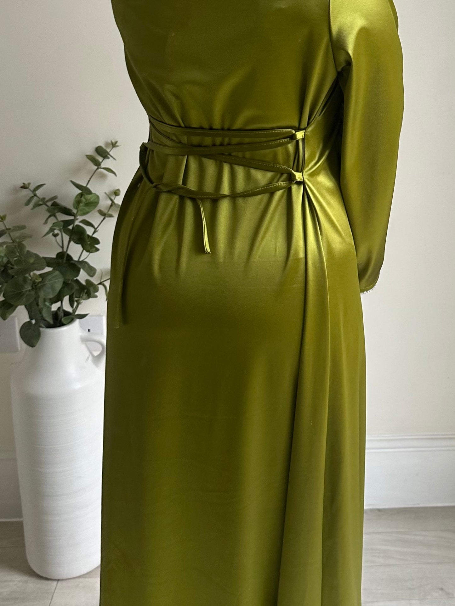 Lime Green Diamanté Flare Sleeve Satin Dress