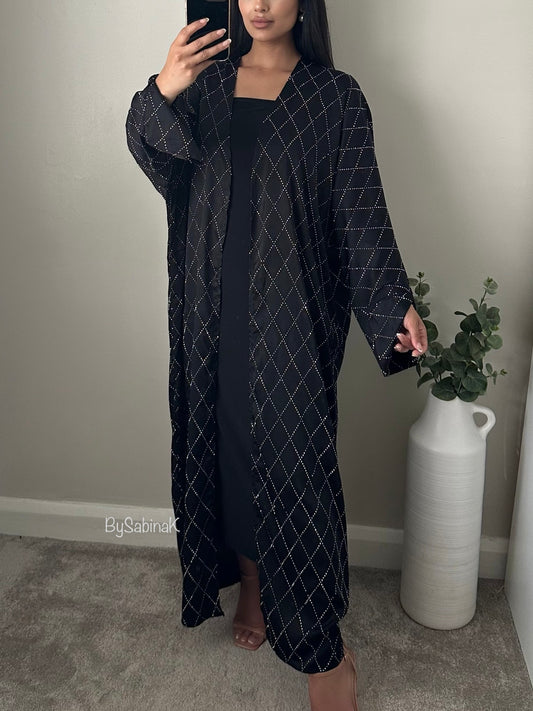 Black Sparkling Patterned Satin Kimono Abaya Jacket