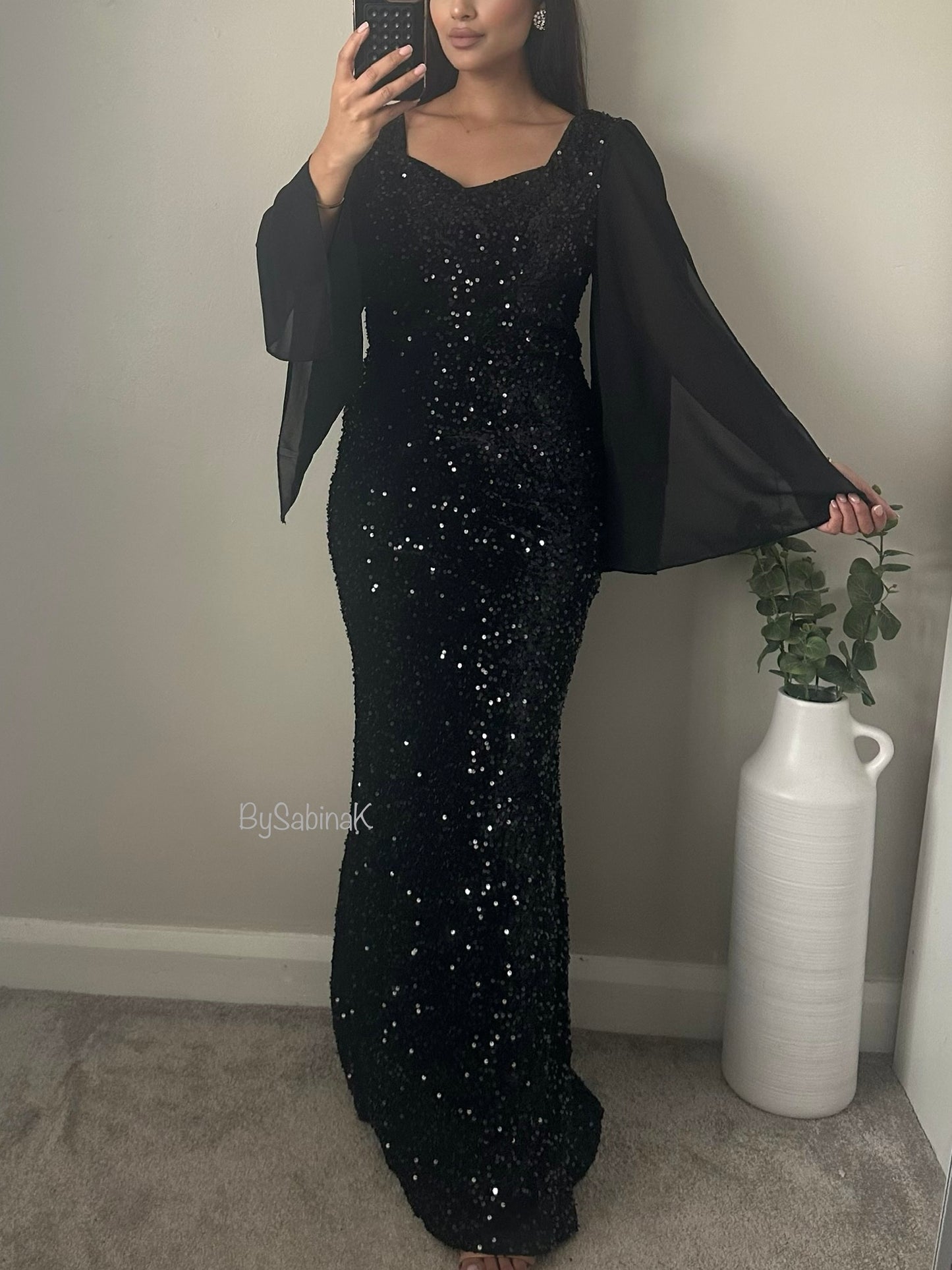 Black Sequin Fishtail Chiffon Sleeve Dress