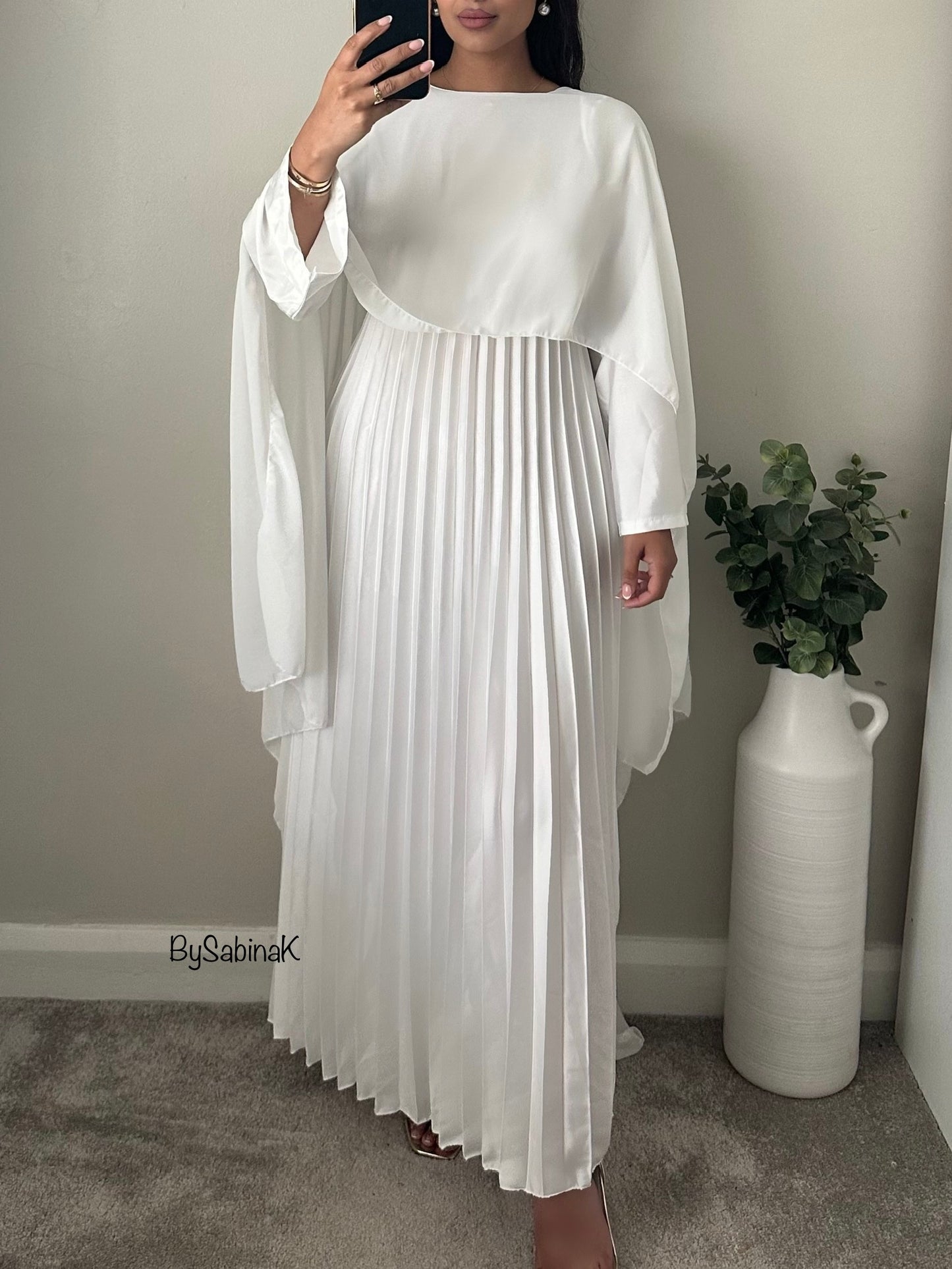 White Satin Pleated Chiffon Cape Dress