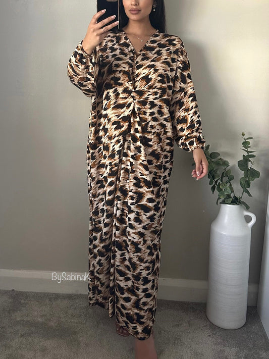 Brown leopard Twist Kaftan Dress