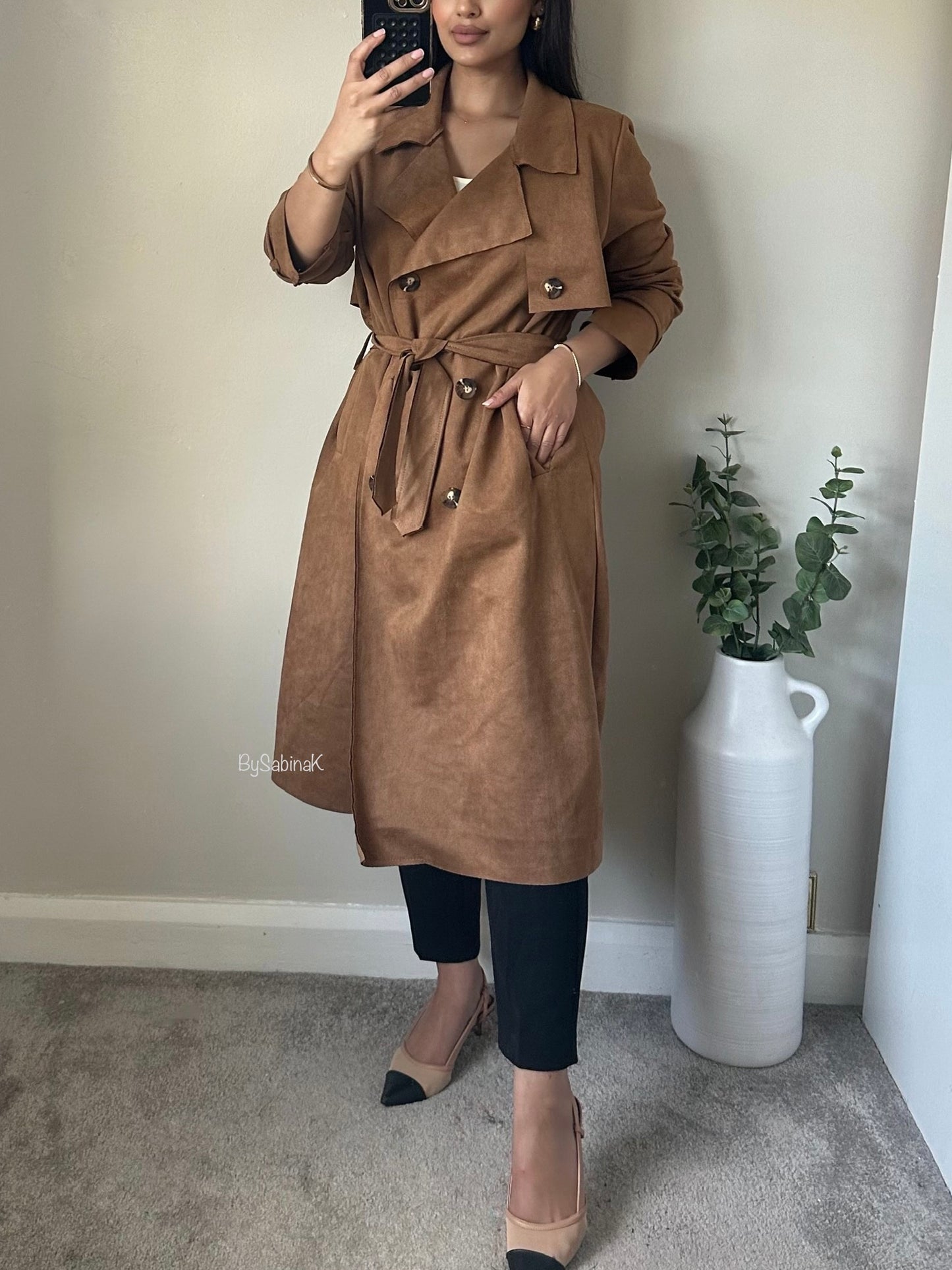 Camel Brown Suede Trench Jacket