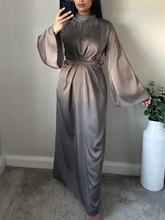 Taupe Satin Rhinestone Neck Batwing Dress