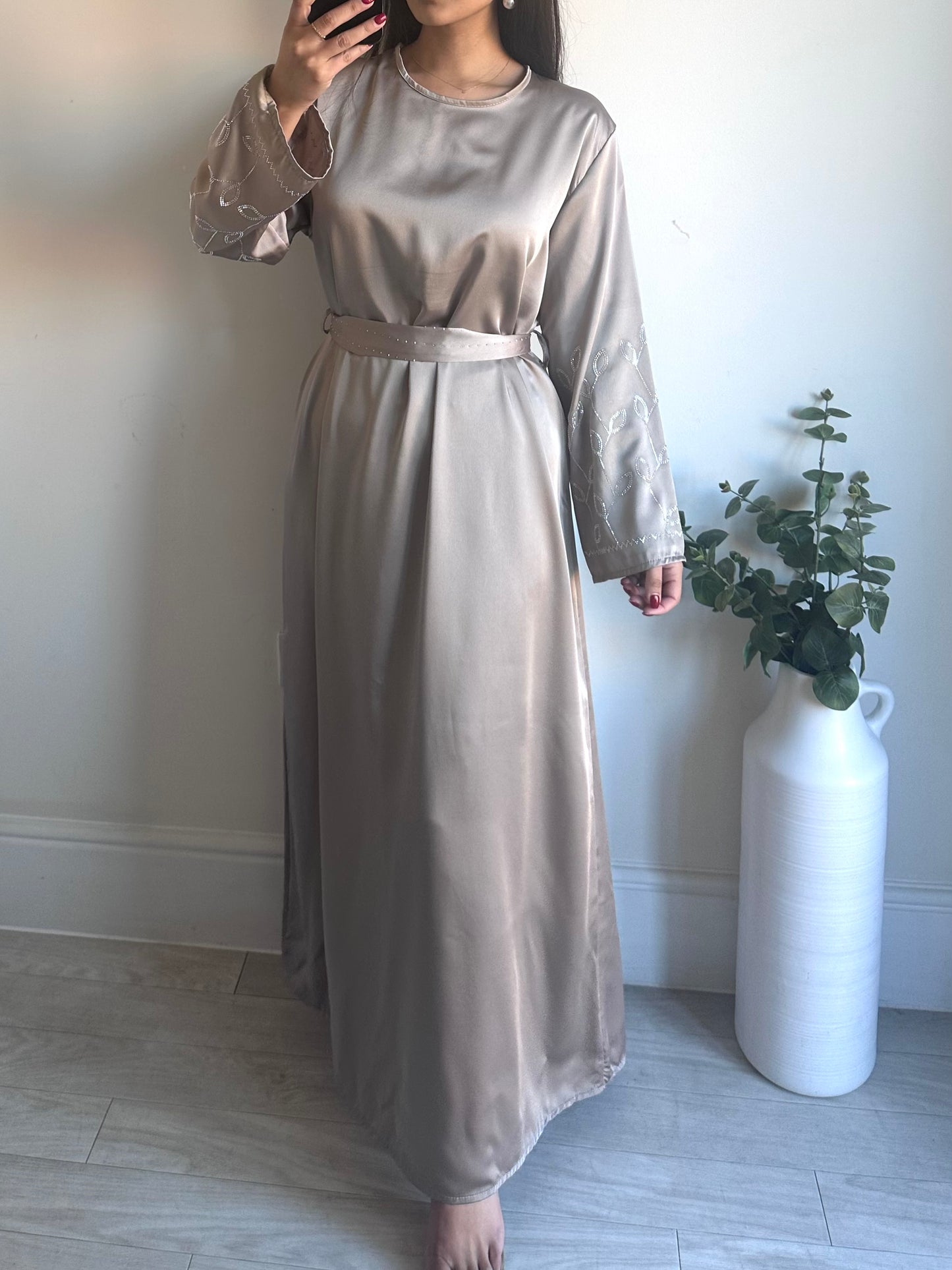 Taupe Satin Rhinestone Belted Dress