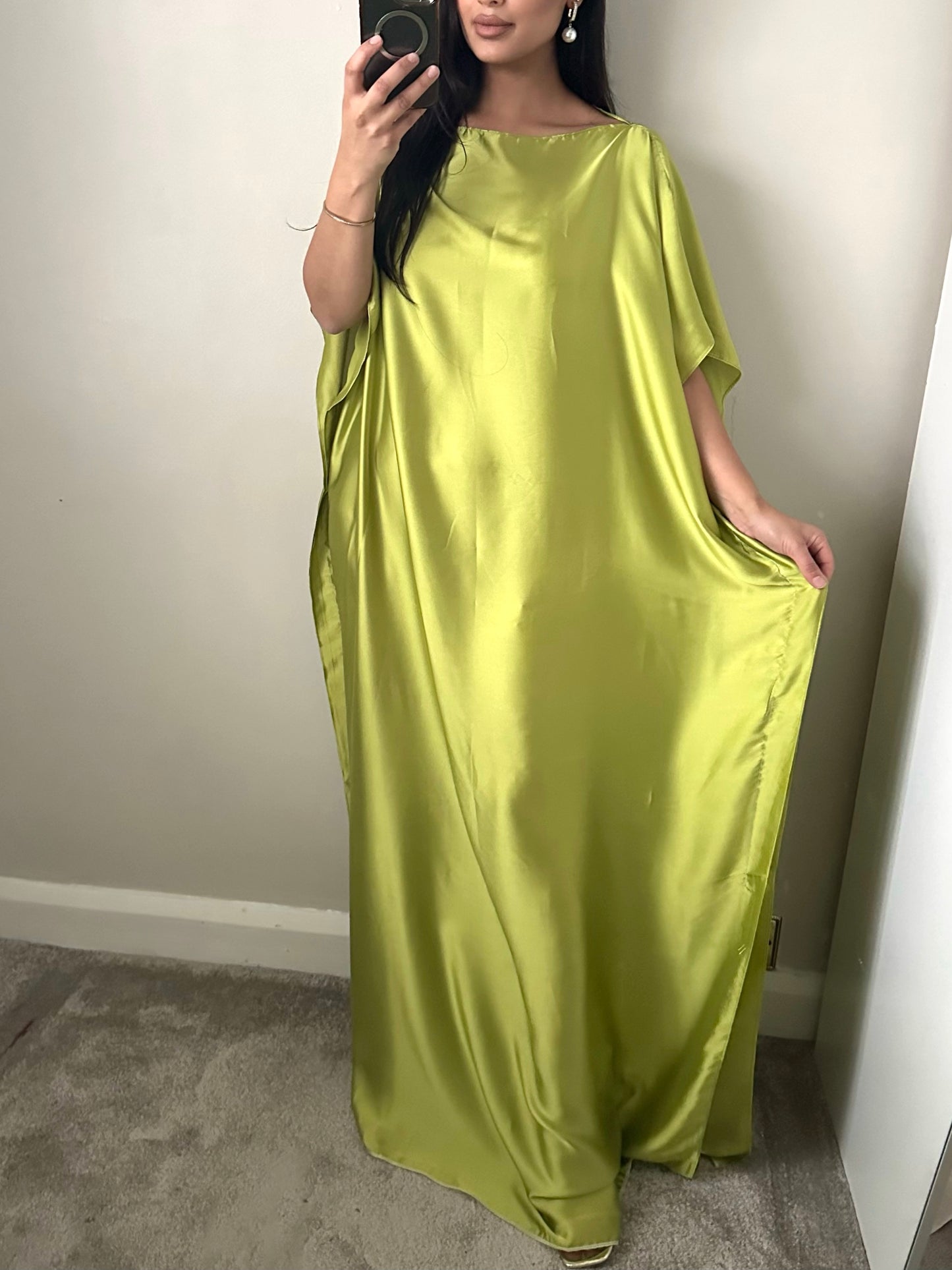 Lime Green Belted Satin Kaftan